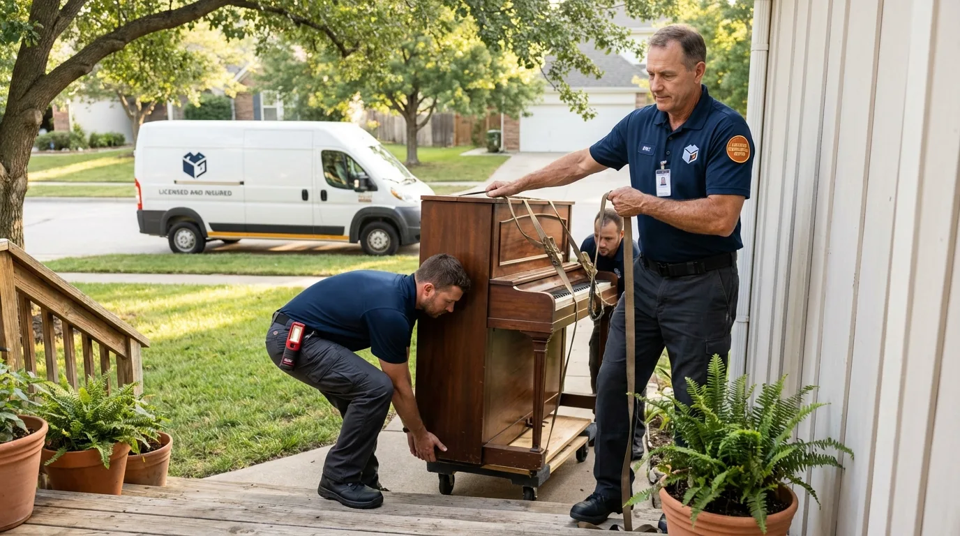 Licensed piano movers securing grand piano in Asbury Park, NJ