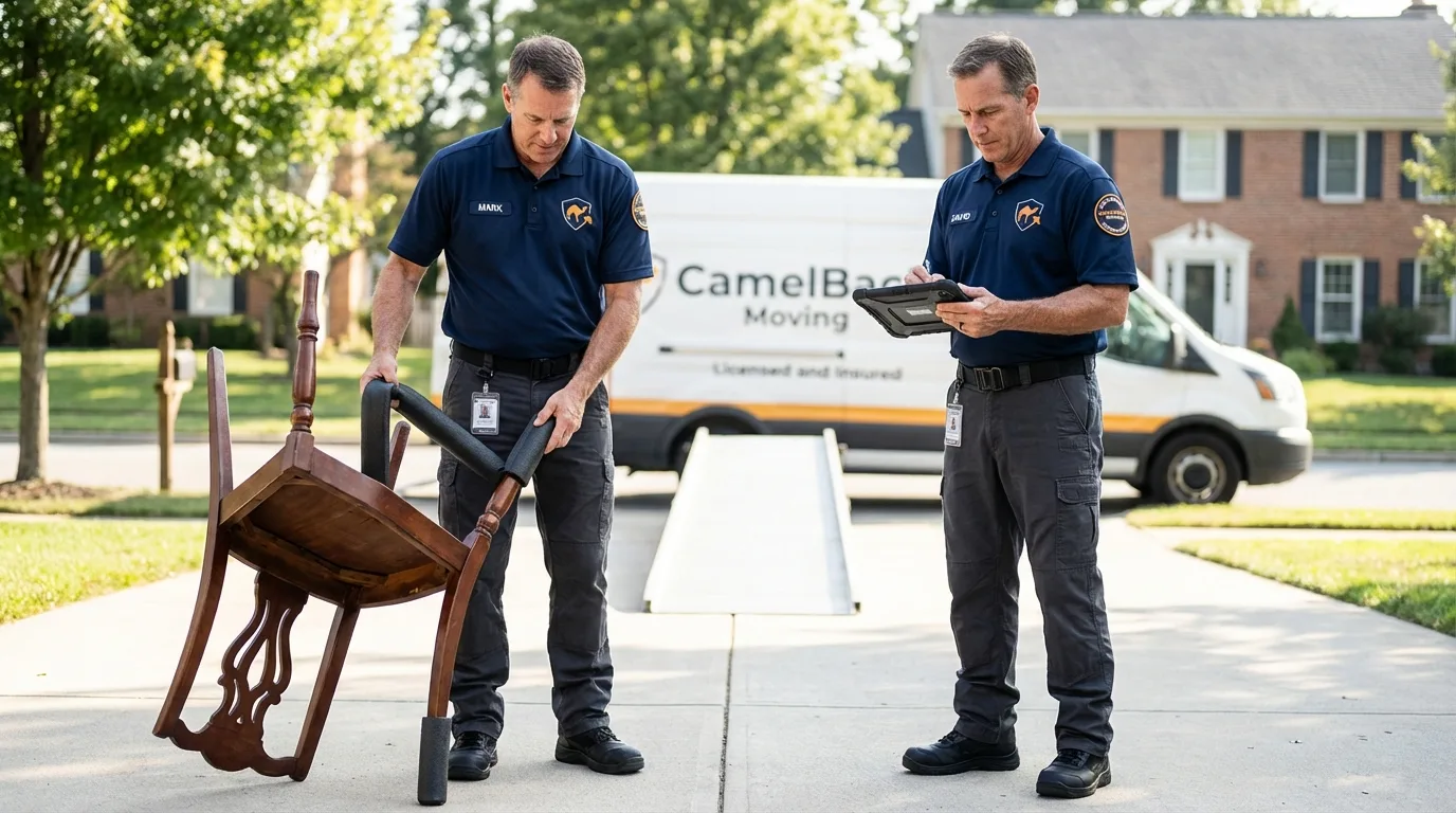 Movers inspecting furniture for damage prevention before loading in Asbury Park, NJ