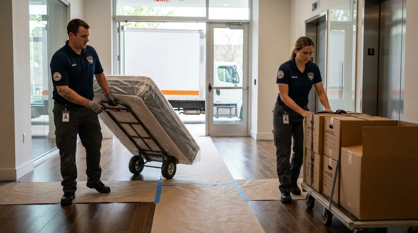 Professional apartment movers loading elevator in Asbury Park, NJ
