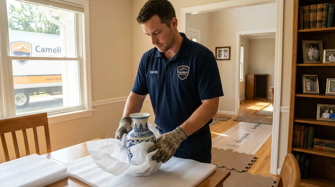 Professional crew carefully wrapping antique vase for senior downsizing move in Asbury Park, NJ